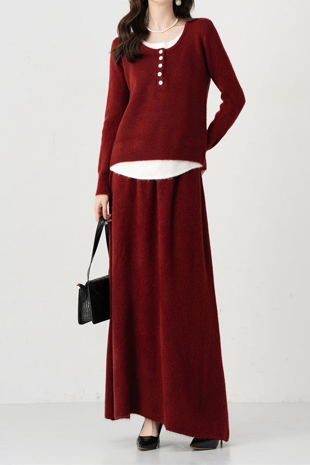 二点セット　バイカラーボタン装飾ニットトップス+シンプルデザインマキシフレアスカート　5色入 - liwisi