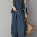 Two-Piece Set: Irregular Hem Drawstring Denim Camisole Top + Effortless Maxi Wide Denim Pants - 2 Colors Available