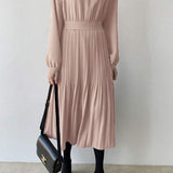 Round Neck Pleated Contrast Long Flare Dress - 4 Colors Available