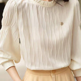 Ruffled Collar Flower Brooch Decor Striped Blouse - 3 Colors Available