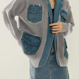 Fashion Patchwork Fringe Denim Knit Jacket