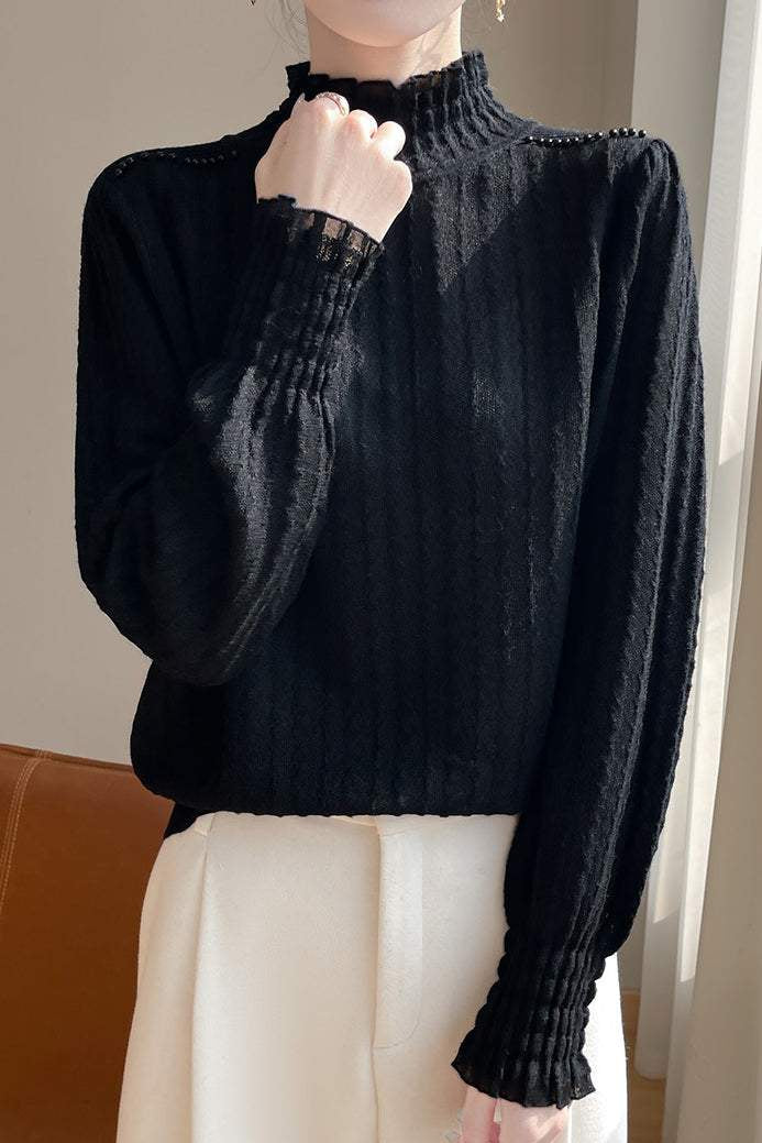 Lace-trimmed semi-high-neck base layer shirt - liwisi