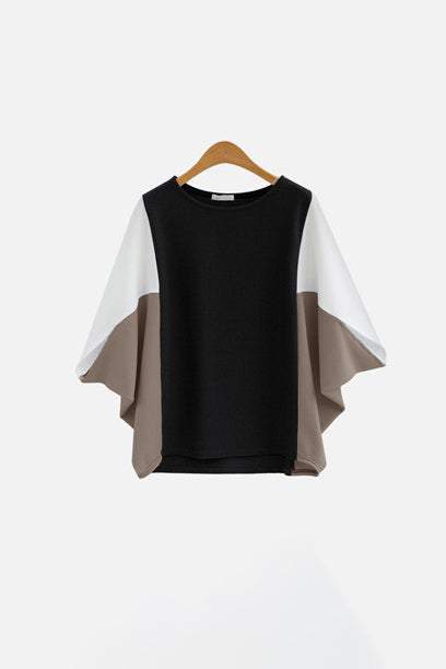 ラウンドネックドルマンスリーブ配色Tシャツ　3色入 - liwisi