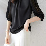 Diagonal Shirt Collar 3D Flower Pearl Decor Satin Blouse - 2 Colors Available