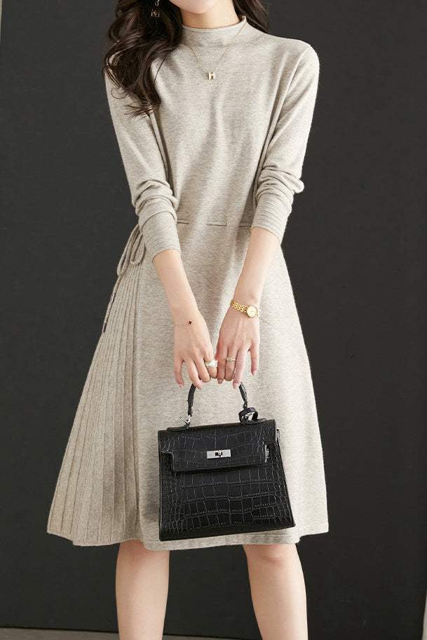 Off Neck Drawstring Flare Knit Dress - 3 Colors Available - liwisi