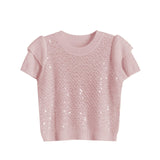 Round Neck Glitter Decor Double Sleeve Knit - 3 Colors Available