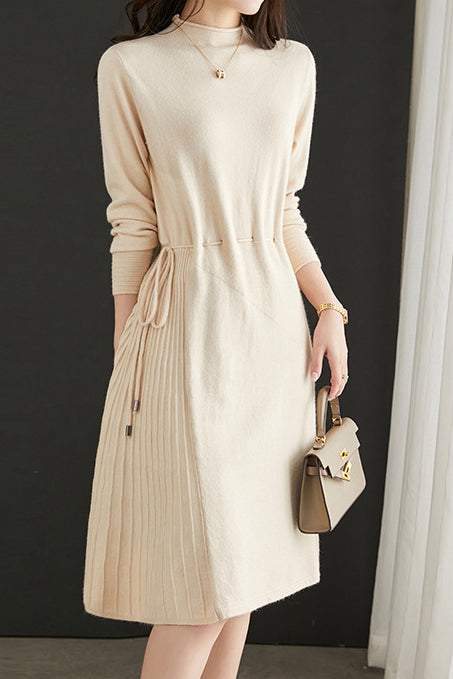 Off Neck Drawstring Flare Knit Dress - 3 Colors Available - liwisi