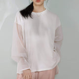 Round Neck Side Slit Sheer Sleeve T-Shirt