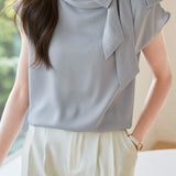 Diagonal Bow Tie Collar Drop Shoulder Satin Blouse - 2 Colors Available
