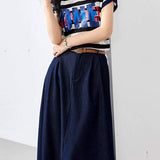 Two-Piece Set: Round Neck Logo Print Striped Blouse + Simple Design Long Belted Skirt
