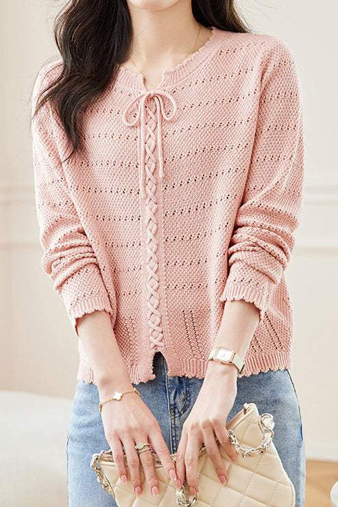 Hollowed-out round-neck knitted shirt - liwisi