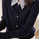 Layered Look Shirt Collar Striped Contrast Knit Cardigan - 3 Colors Available