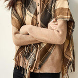 Checked fringed shawl fake two-piece knitted cardigan
