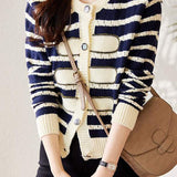 Fashionable Round Neck Striped Knit Cardigan