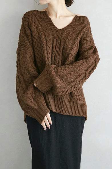 キーネックケーブル編み緩やかセーター　5色入 - liwisi