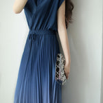 Key Neck Ombre Pleated Dress with Lining - 3 Colors Available - liwisi