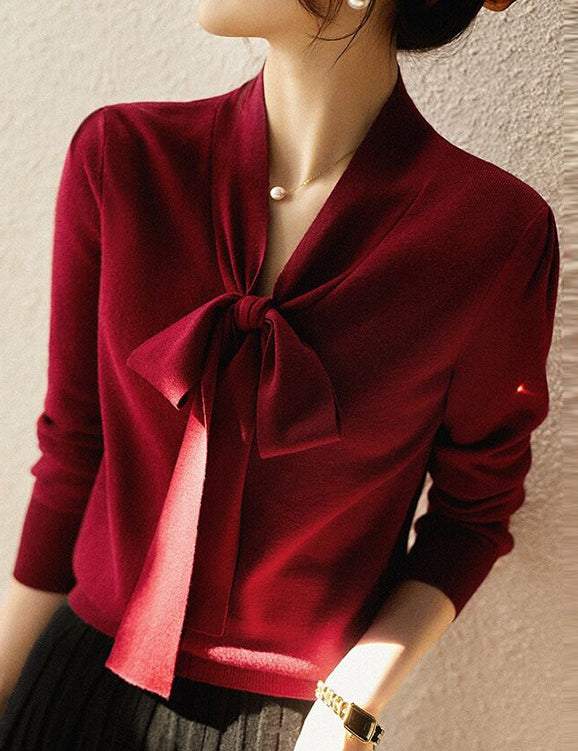 V-Neck Ribbon Tie Wool-Like Knit - 5 Colors Available - liwisi