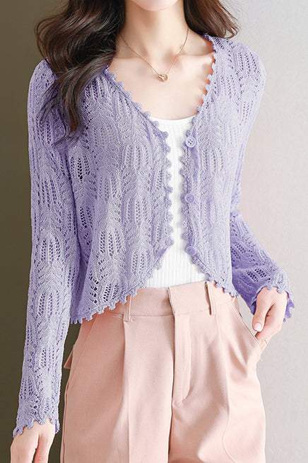 Vネックフリンジヘムクロッシェニットカーディガン　4色入 - liwisi
