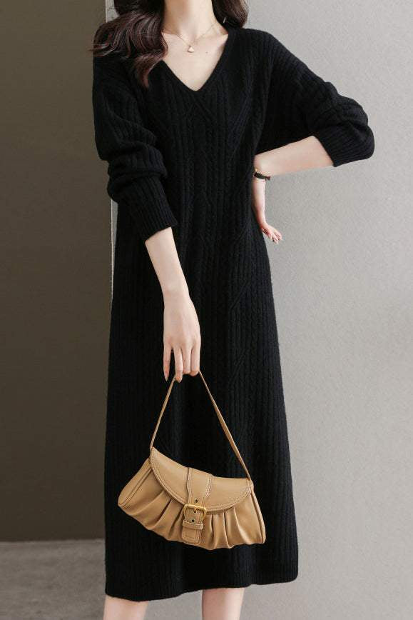 Simple and Comfortable Long Jacquard Knit Dress in 2 Colors - liwisi