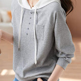 Casual Minimalist Color Block Button Detail Hoodie in 4 Colors