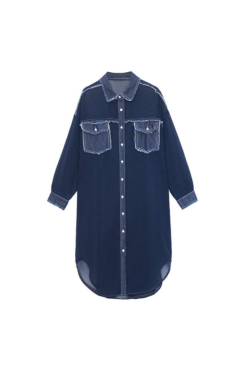フリンジ装飾デニム切替ロングシャツジャケット　2色入 - liwisi