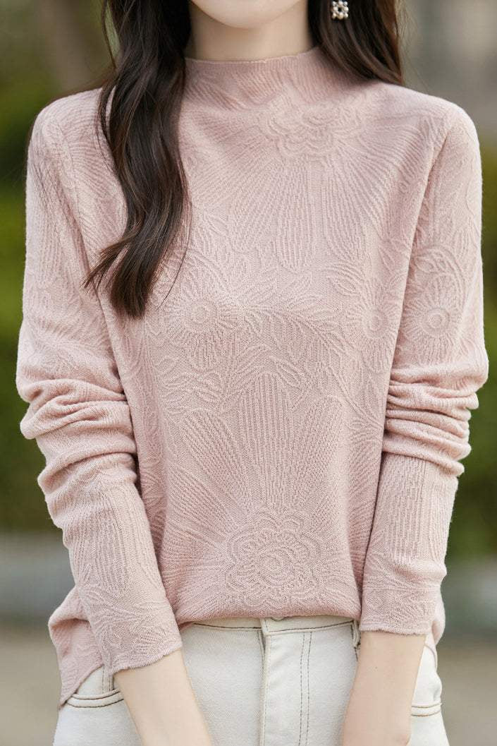 Half turtleneck solid-color base layer shirt with hidden patterns - liwisi