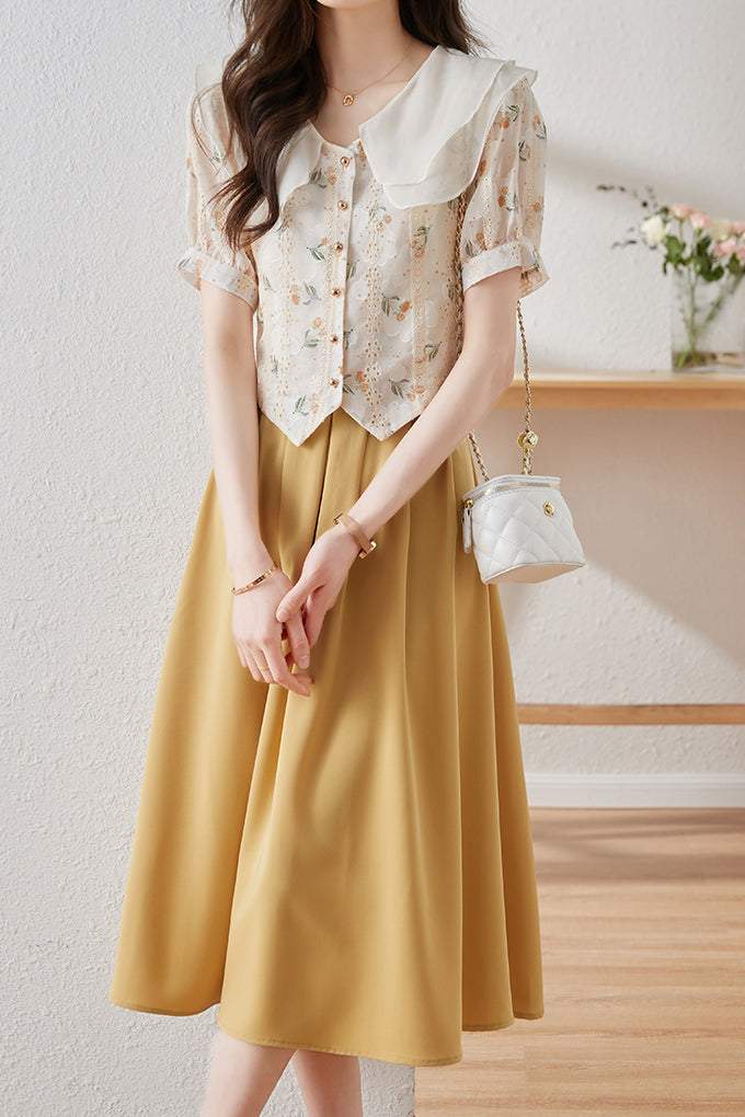 二点セット　ダブルフレアーカラー花柄ブラウス＋タックインロングフレアスカート　裏地付 - liwisi