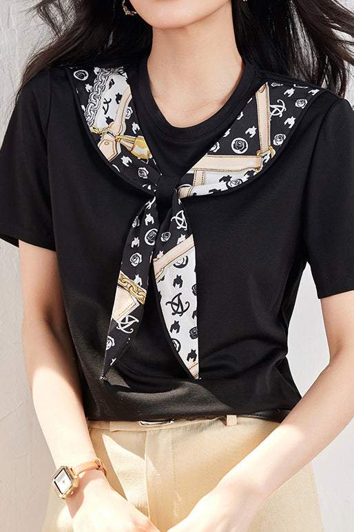 ラウンドネックスカーフ装飾Tシャツ - liwisi