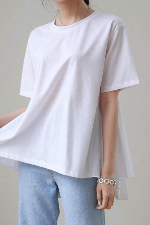 異素材バックタックアシンメトリーTシャツ　3色入 - liwisi