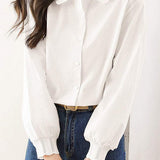 Scalloped Collar Puff Sleeve Long Sleeve Shirt - 2 Colors Available