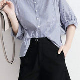 Band Collar Striped Puff Blouse - 2 Colors Available
