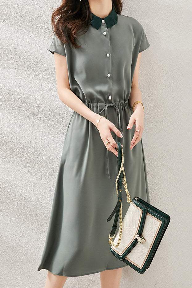 異素材シャツカラードローストリングワンピース　2色入 - liwisi