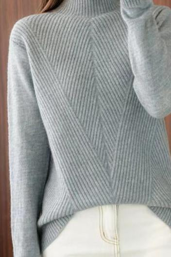 Half-High Neck Diagonal Ribbed Knit Top - liwisi