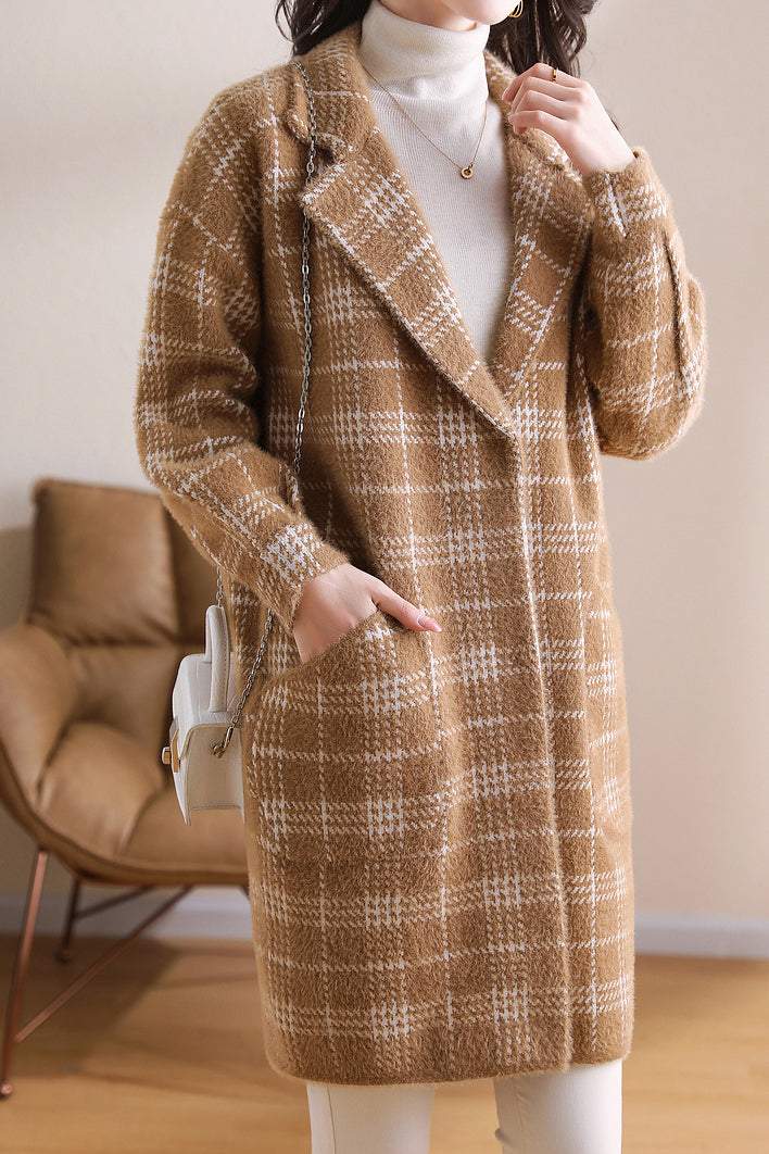 ノッチドラペルカラーエコファーチェックロングコート　2色入 - liwisi