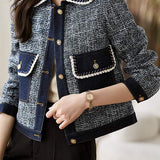 Elegant Denim Patchwork Chanel-inspired Boucle Coat