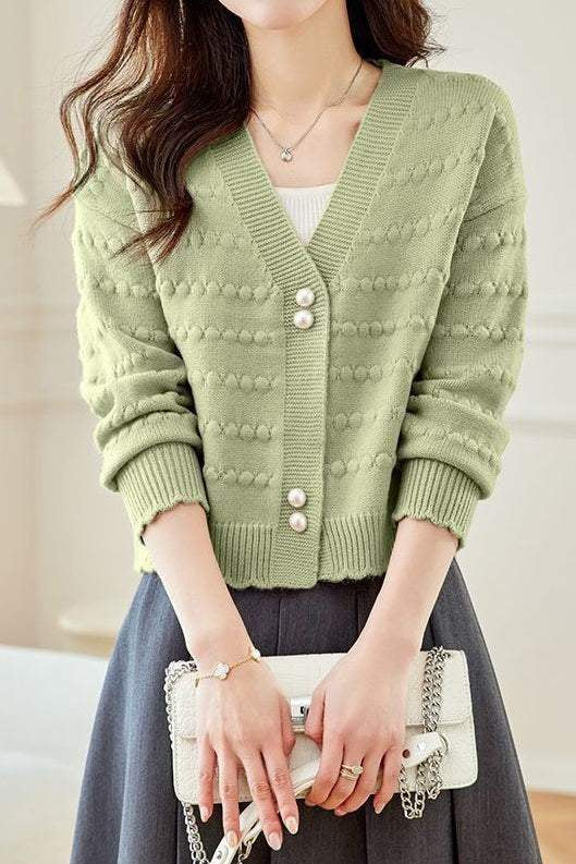 V-Neck Textured Knit Jacquard Cardigan - liwisi
