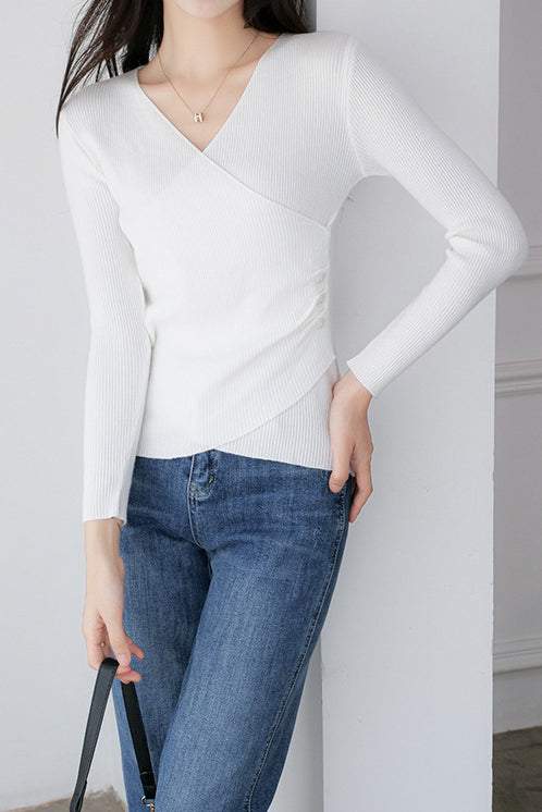 V-Neck Front Cross Side Gathered Button Decor Knit - 4 Colors Available - liwisi