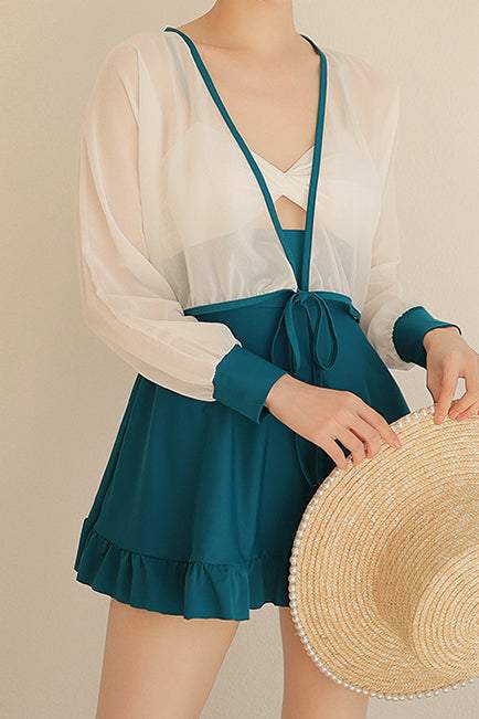 バイカラーフレアモノキニ＋ひもベルトシアートップス/水着2点セット　2色入 - liwisi