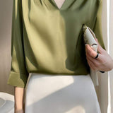 V-Neck Front Tuck Satin Blouse - 5 Colors Available