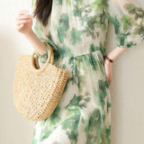 Art Flower Print Gathered Puff Dress with Lining