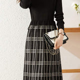 Drawstring Check Contrast Knit Dress - 2 Colors Available