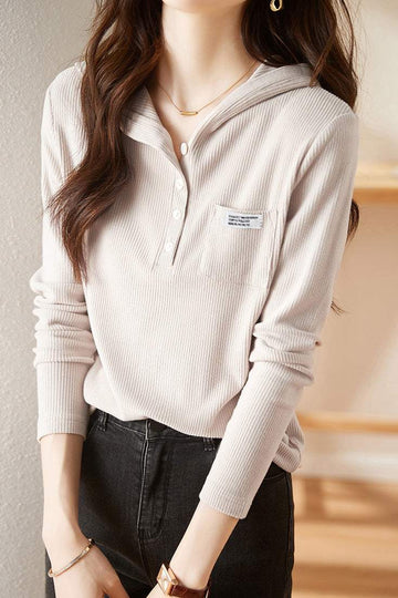フード付パッチ装飾ドロップショルダーニットトップス　2色入　 - liwisi