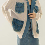 Fashion Patchwork Fringe Denim Knit Jacket