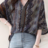 Skipper Collar Rhinestone Decor Printed Tunic