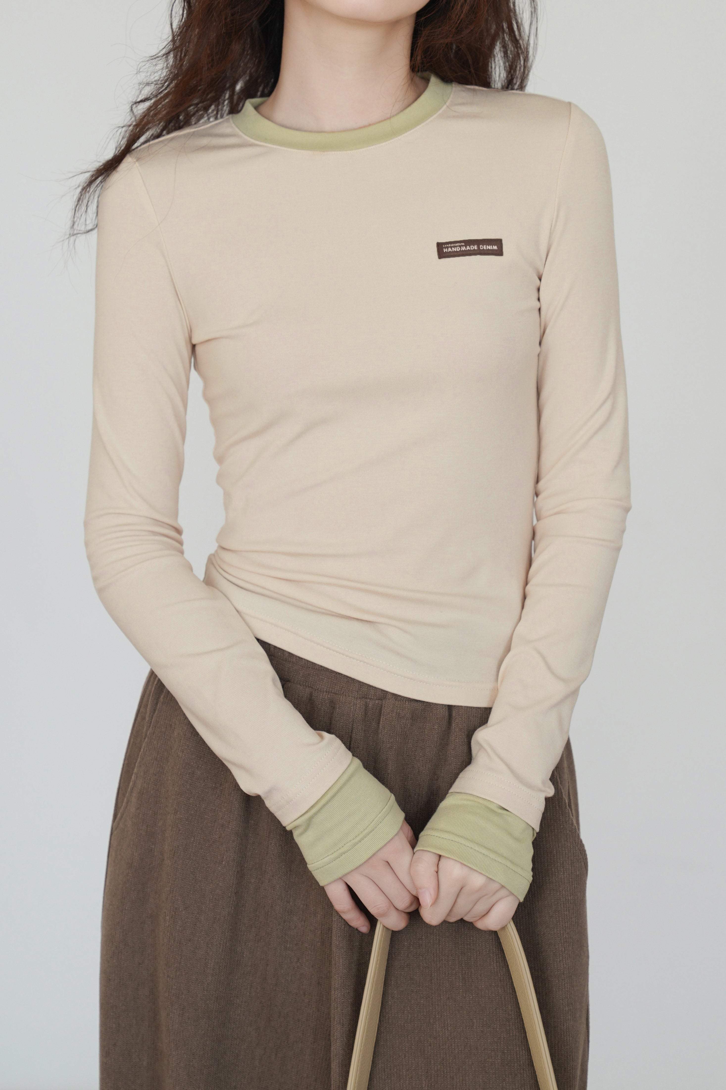 パッチ装飾バイカラーヘムTシャツ　2色入 - liwisi
