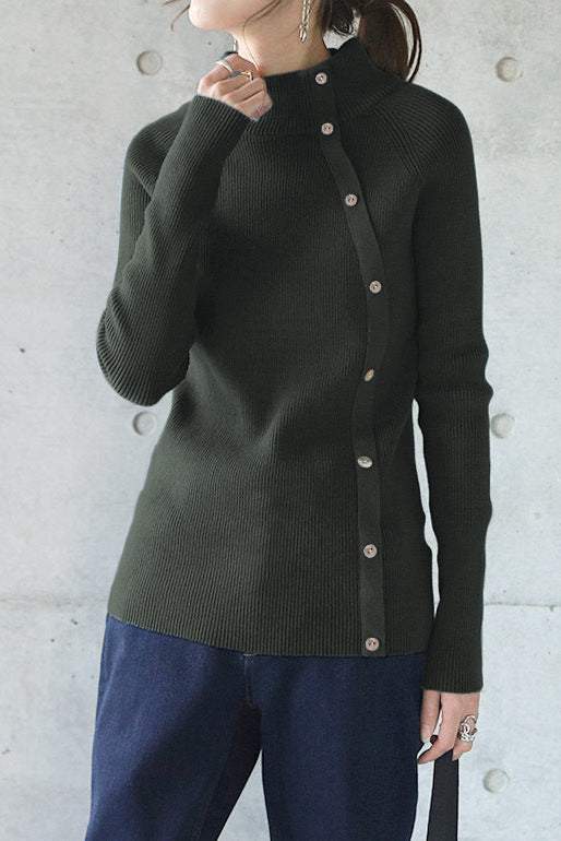 ハイネックアシンメトリーボタン装飾タイトニット　2色入 - liwisi