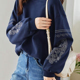 Mixed Material Pullover with Logo Embroidered Decor Sweatshirt