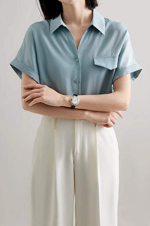 スキッパーカラーフラップ装飾カジュアルシャツ　4色入 - liwisi