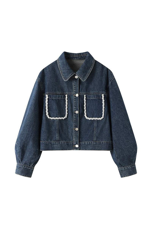 パール装飾ドロップショルダーデニムジャケット - liwisi