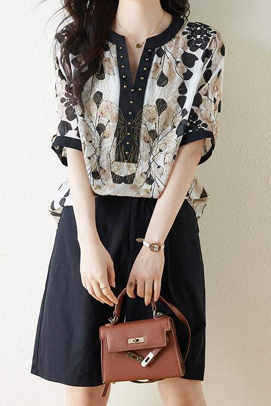 キーネック花柄ストーンライン装飾チュニック　2色入 - liwisi